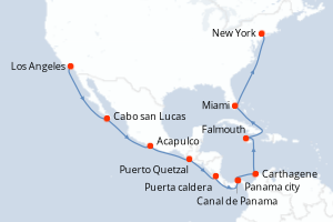 Carte de l'itinéraire de croisière Los Angeles-New York d'une durée de 19 jours