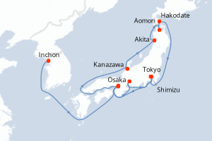 Carte de l'itinéraire de croisière Inchon-Tokyo d'une durée de 11 jours
