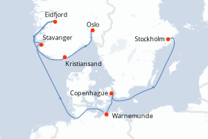 Carte de l'itinéraire de croisière Stockholm-Oslo d'une durée de 8 jours