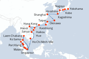 carte itinéraire croisière Asie 41 jours au départ du port de Yokohama