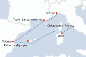 carte itinéraire croisière Sardaigne 6 jours au départ du port de Savone