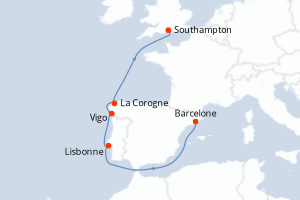 carte itinéraire croisière Europe du Nord 7 jours au départ du port de Barcelone