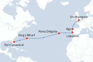 carte itinéraire croisière Transatlantique 13 jours au départ du port de Southampton