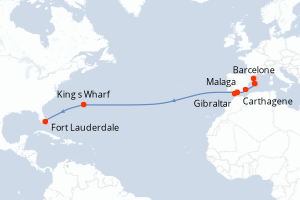 carte itinéraire croisière Transatlantique 14 jours au départ du port de Barcelone