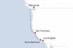 Carte de l'itinéraire de croisière Vancouver-Los Angeles d'une durée de 6 jours