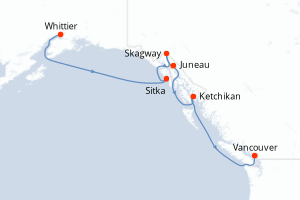 Carte de l'itinéraire de croisière Whittier-Vancouver d'une durée de 7 jours