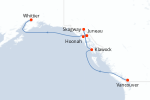 Carte de l'itinéraire de croisière Vancouver-Whittier d'une durée de 7 jours