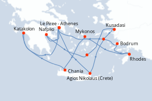 Carte de l'itinéraire de croisière Le Piree - Athenes-Le Piree - Athenes d'une durée de 14 jours