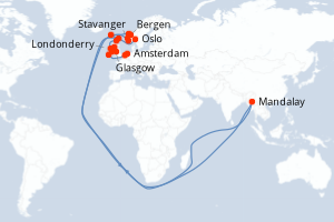carte itinéraire croisière Fjörds norvégiens 19 jours au départ du port de Oslo