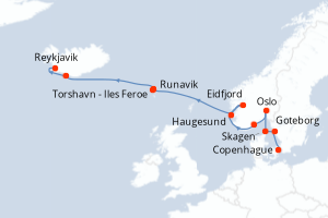 Carte de l'itinéraire de croisière Copenhague-Reykjavik d'une durée de 12 jours