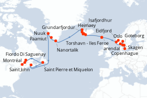 Carte de l'itinéraire de croisière Copenhague-Montréal d'une durée de 30 jours