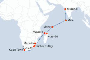 Carte de l'itinéraire de croisière Mumbai-Cape Town d'une durée de 20 jours