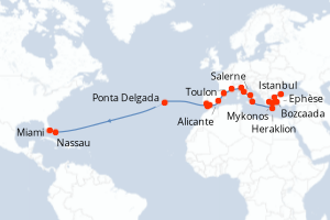 carte itinéraire croisière Transatlantique 27 jours au départ du port de Istanbul