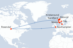 carte itinéraire croisière Fjörds norvégiens 14 jours au départ du port de Southampton