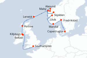 carte itinéraire croisière Fjörds norvégiens 14 jours au départ du port de Southampton