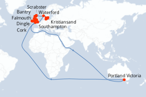 carte itinéraire croisière Europe du Nord 25 jours au départ du port de Southampton
