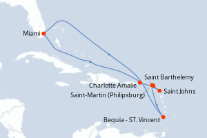Carte de l'itinéraire de croisière Miami-Miami d'une durée de 10 jours