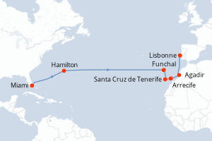 carte itinéraire croisière Atlantique 15 jours au départ du port de Miami