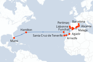 carte itinéraire croisière Transatlantique 25 jours au départ du port de Miami