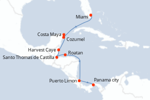 Carte de l'itinéraire de croisière Miami-Panama city d'une durée de 10 jours