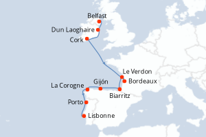 carte itinéraire croisière Atlantique 10 jours au départ du port de Belfast