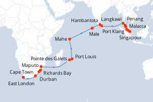 carte itinéraire croisière Afrique du Sud 30 jours au départ du port de Singapour