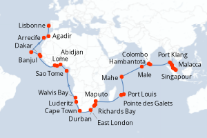 carte itinéraire croisière Atlantique 54 jours au départ du port de Singapour