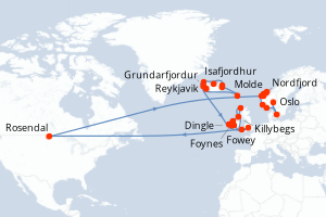 carte itinéraire croisière Fjörds norvégiens 36 jours au départ du port de Reykjavik