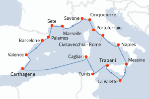 carte itinéraire croisière Sicile 17 jours au départ du port de Barcelone