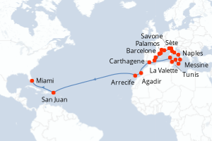 carte itinéraire croisière Transatlantique 32 jours au départ du port de Barcelone