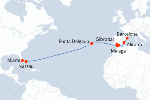 carte itinéraire croisière Transatlantique 15 jours au départ du port de Barcelone