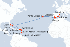 carte itinéraire croisière Transatlantique 25 jours au départ du port de Barcelone