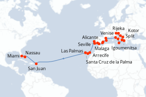 carte itinéraire croisière Caraïbes Bahamas 32 jours au départ du port de Venise