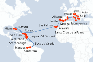 carte itinéraire croisière Caraïbes Bahamas 57 jours au départ du port de Venise
