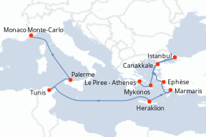carte itinéraire croisière Sicile 12 jours au départ du port de Le Piree - Athenes