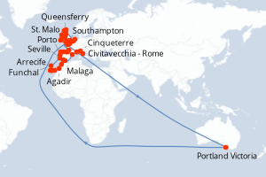 carte itinéraire croisière Europe du Nord 45 jours au départ du port de Civitavecchia - Rome