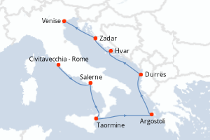 carte itinéraire croisière Sicile 7 jours au départ du port de Civitavecchia - Rome