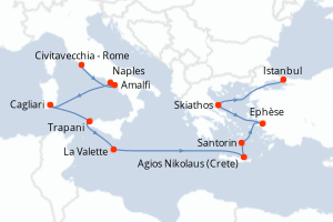 carte itinéraire croisière Sicile 12 jours au départ du port de Civitavecchia - Rome