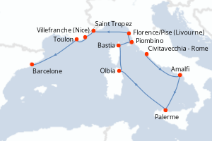carte itinéraire croisière Sicile 10 jours au départ du port de Civitavecchia - Rome