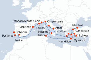 carte itinéraire croisière Sicile 23 jours au départ du port de Lisbonne
