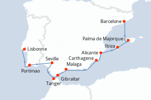 carte itinéraire croisière Méditerranée 10 jours au départ du port de Lisbonne