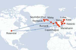 carte itinéraire croisière Fjörds norvégiens 24 jours au départ du port de Helsinki