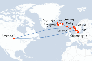 carte itinéraire croisière Fjörds norvégiens 12 jours au départ du port de Copenhague