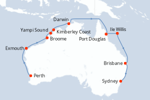 carte itinéraire croisière Australie Nouvelle Zélande 17 jours au départ du port de Perth