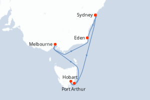 Carte de l'itinéraire de croisière Sydney-Sydney d'une durée de 8 jours