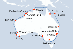 Carte de l'itinéraire de croisière Sydney-Sydney d'une durée de 28 jours