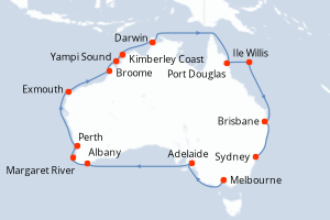 Carte de l'itinéraire de croisière Melbourne-Sydney d'une durée de 24 jours