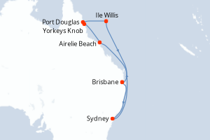 Carte de l'itinéraire de croisière Brisbane-Brisbane d'une durée de 10 jours