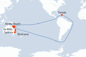 Carte de l'itinéraire de croisière Brisbane-Sydney d'une durée de 12 jours