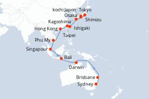 carte itinéraire croisière Australie Nouvelle Zélande 30 jours au départ du port de Tokyo